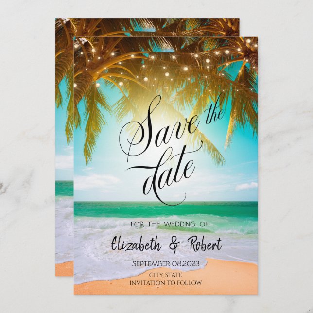 Reserva La Fecha Script Beach, Palm,Sun,String Lights Guardar La Fe (Anverso / Reverso)