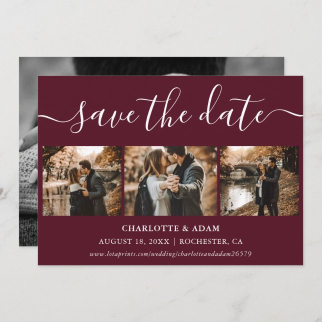 Reserva La Fecha Script Burgundy Boda Photo Save the Date Cards (Gu (Anverso / Reverso)