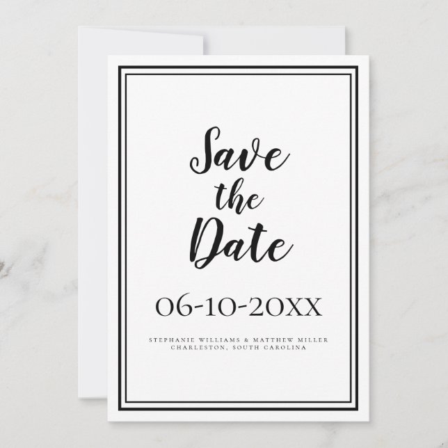 Reserva La Fecha Script Simple Guardar El Boda De Fecha Blanco Y Ne (Anverso)