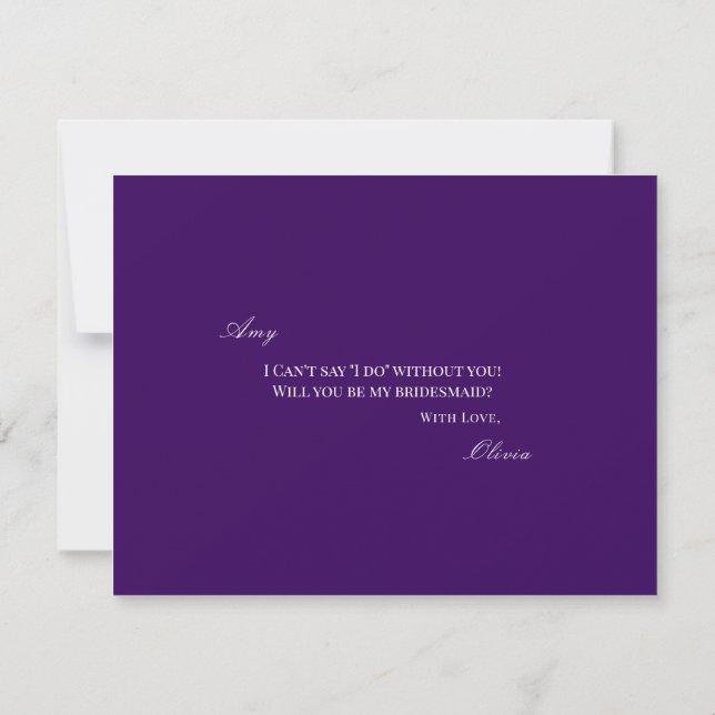 Reserva La Fecha Script White & Purple Bridesmaid (Tarjeta de propu (Reverso)