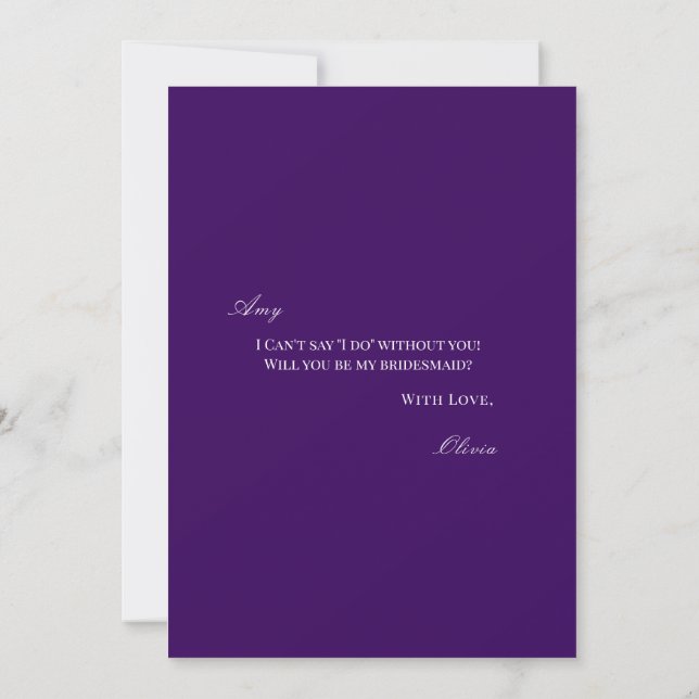 Reserva La Fecha Script White & Purple Bridesmaid (Tarjeta de propu (Reverso)