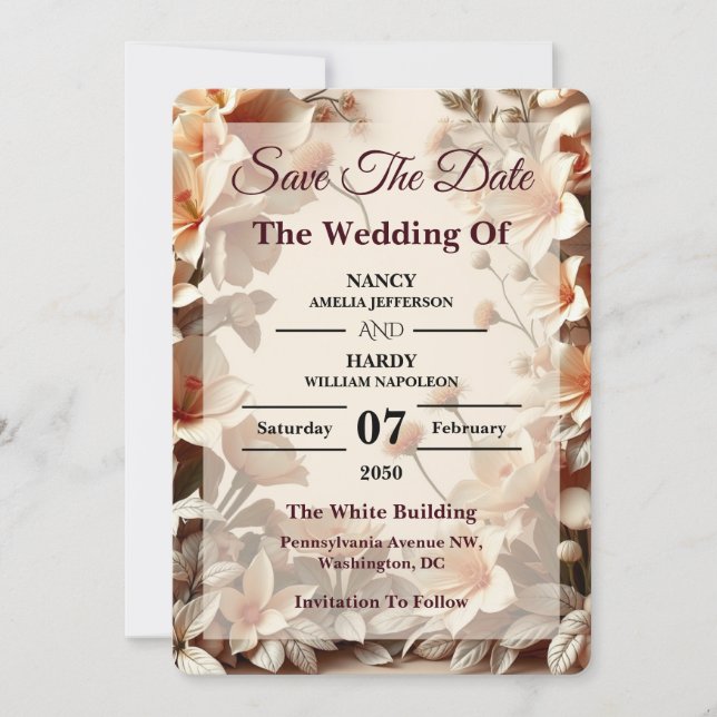 Reserva La Fecha Sculptural Floral Neutral Wedding Save The Date (Anverso)