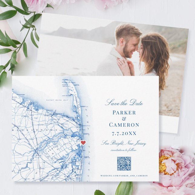 Reserva La Fecha Sea Bright New Jersey Elegant Map QR (These Sea Bright New Jersey save the dates have a QR code for your wedding website and your photo)