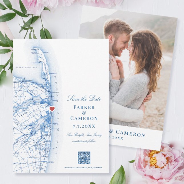 Reserva La Fecha Sea Bright New Jersey Elegant Map Vertical QR (These Sea Bright New Jersey save the dates are perfect for your Jersey Shore beach wedding)