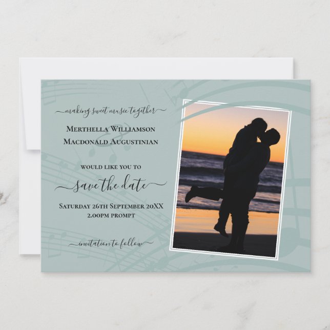 Reserva La Fecha Sea Glass Music Notes Photo Wedding Save the Date (Anverso)