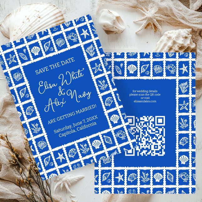Reserva La Fecha Seashell Grid Beach Wedding PERSONALIZADO QR Code (Seashell Grid Beach Wedding CUSTOM QR Code Save The Date
)