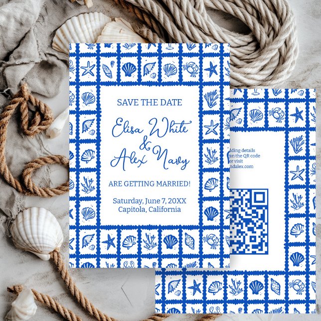 Reserva La Fecha Seashell Grid Beach Wedding PERSONALIZADO QR Code (Seashell Grid Beach Wedding CUSTOM QR Code Save The Date
)