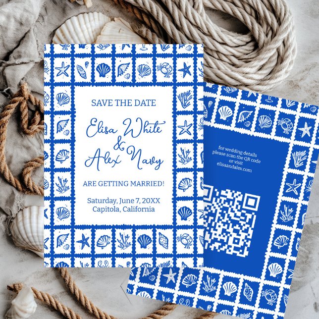 Reserva La Fecha Seashell Grid Beach Wedding PERSONALIZADO QR Code (Seashell Grid Beach Wedding CUSTOM QR Code Save The Date
)