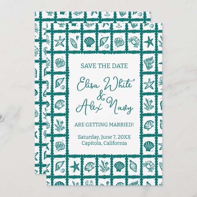 Reserva La Fecha Seashell Grid Beach Wedding PERSONALIZADO QR Code (Anverso / Reverso)