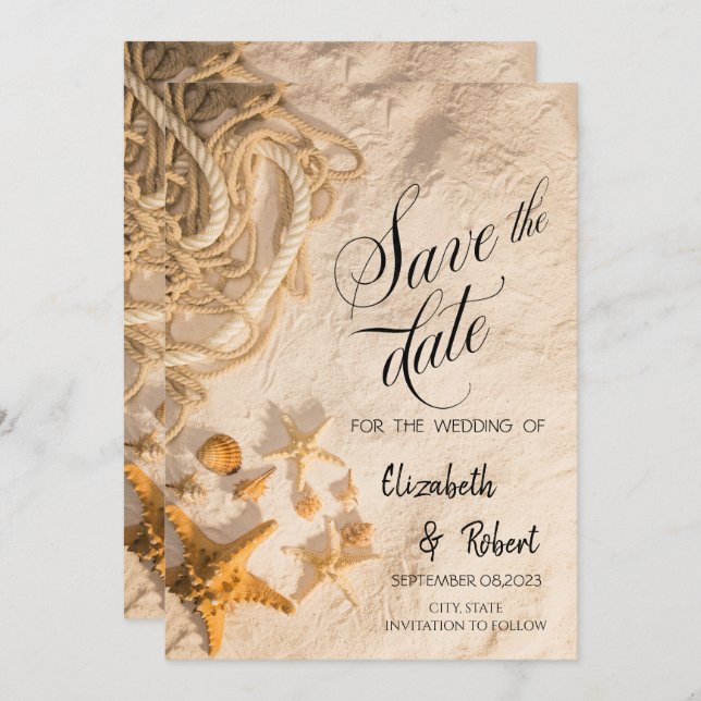 Reserva La Fecha Seashells Rope Sand Save The Date (Anverso / Reverso)