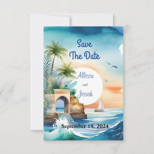 Reserva La Fecha Seaside Love: Summer Beach Wedding Save the Date (Anverso)
