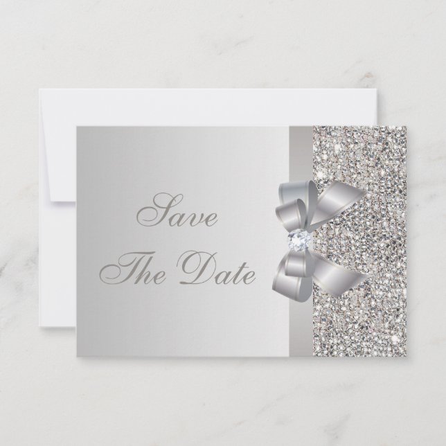 Reserva La Fecha Secuencias de plata impresas Bow & Diamond Save th (Anverso)