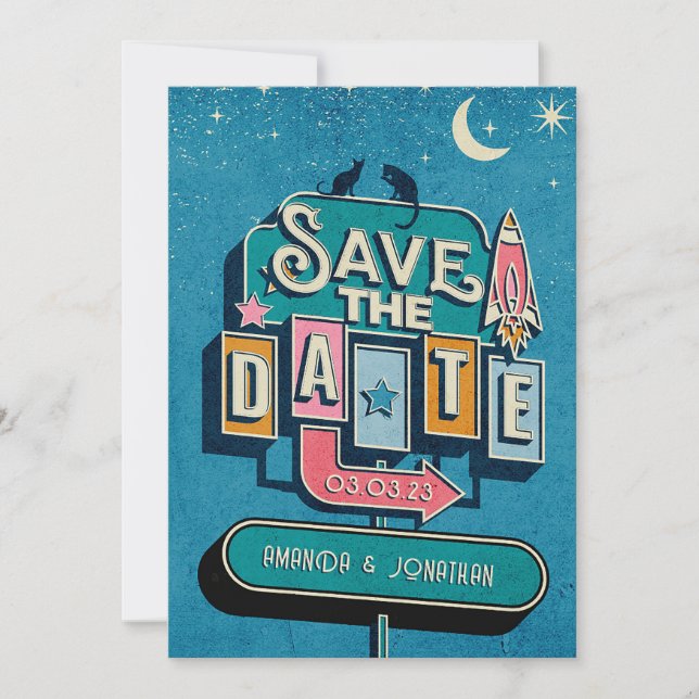 Reserva La Fecha Señal de Boda Retro Futurista (Anverso)