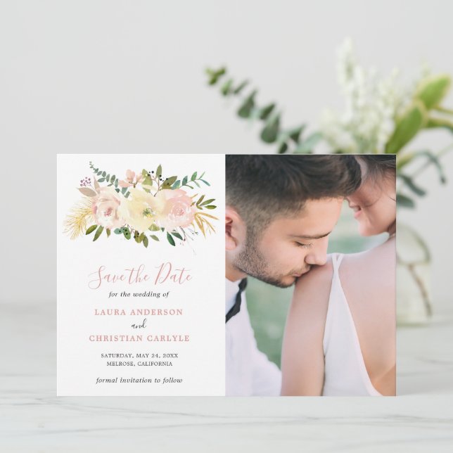 Reserva La Fecha Sencilla boda elegante de fotos florales rosas de  (Anverso de pie)