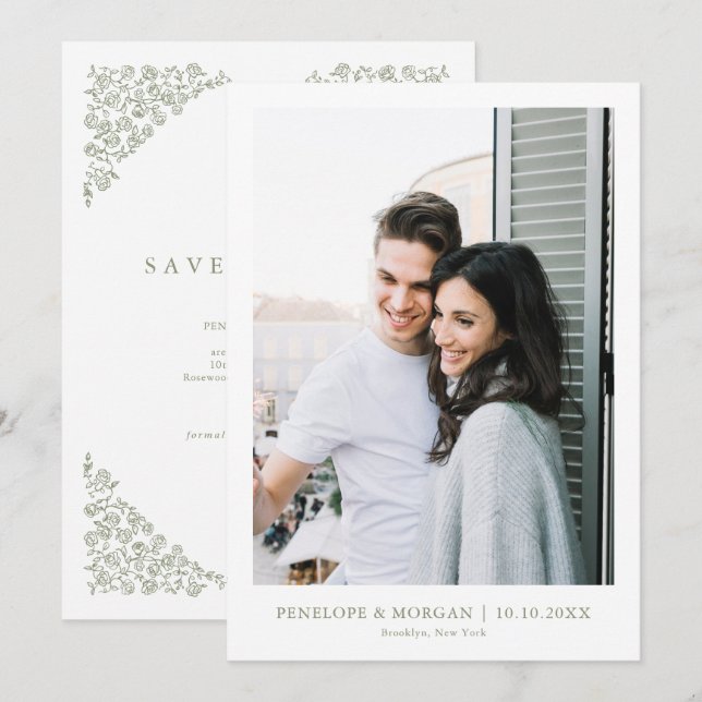 Reserva La Fecha Sencilla foto verde de sabio floral floral sin tie (Anverso / Reverso)