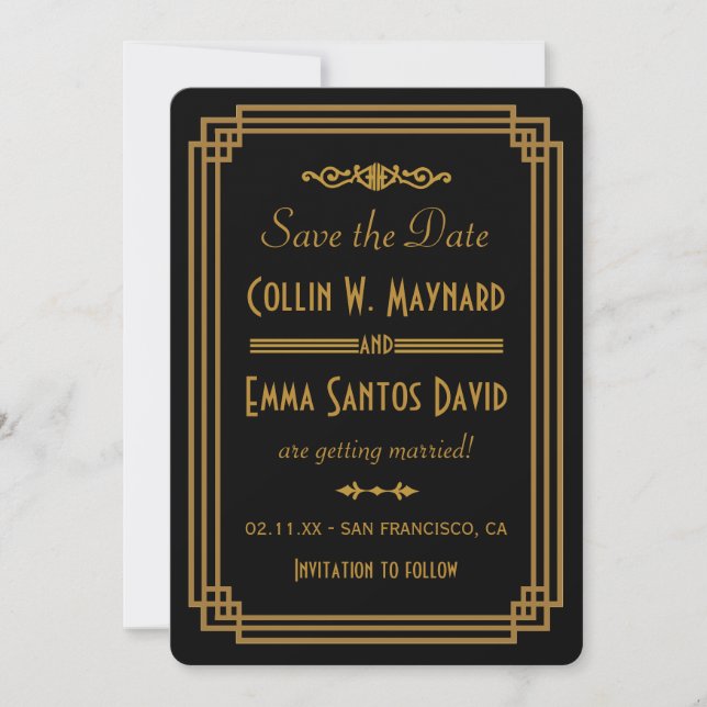 Reserva La Fecha Sencillo Art Deco Negro Save The Date (Anverso)