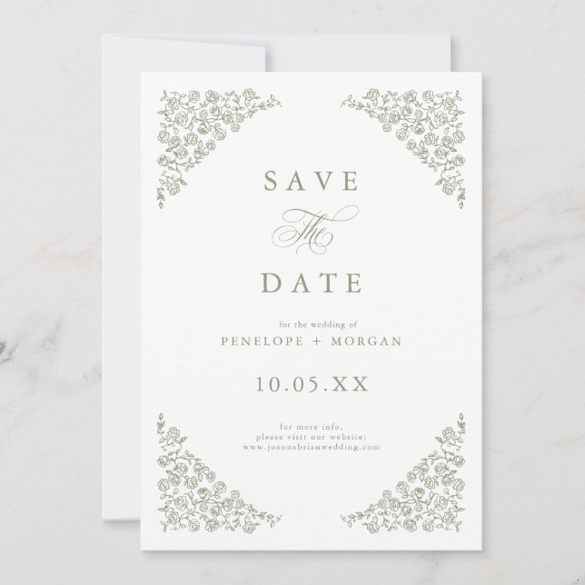 Reserva La Fecha Sencillo Boda Verde Floral Timeless Floral (Anverso)