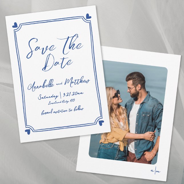 Reserva La Fecha Sencillo Foto Dibujado a Mano Azul Caprichoso Boda (Simple Hand Drawn Photo Blue Whimsical Wedding Save the Date)