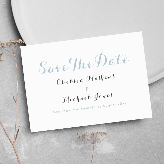 Reserva La Fecha Sencillo y elegante azul pastel azul pastel Save T (Simple elegant white pastel blue Save The Date)