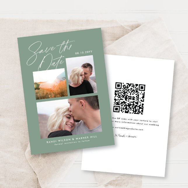 Reserva La Fecha Sencillo y elegante verde tres foto manuscrita (Subido por el creador)