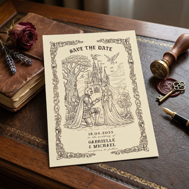 Reserva La Fecha Sepia Medieval Illustration Fairytale Wedding  (Subido por el creador)