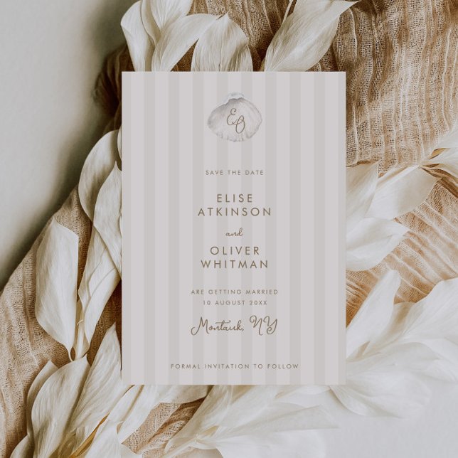 Reserva La Fecha Serene Shell Monogram Coastal Stripes Wedding (Subido por el creador)