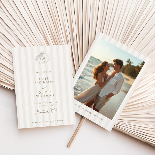 Reserva La Fecha Serene Shell Monogram Coastal Stripes Wedding (Subido por el creador)