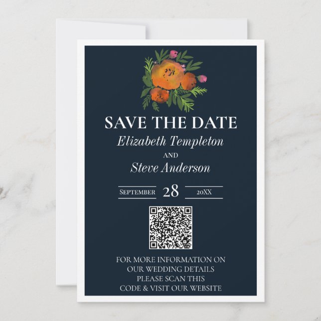 Reserva La Fecha Serie de Bodas florales de la Marina Naranja quema (Anverso)