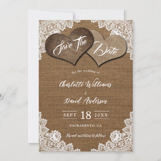 Reserva La Fecha Shabby Chic Burlap Floral Lace Country Wedding (Anverso)