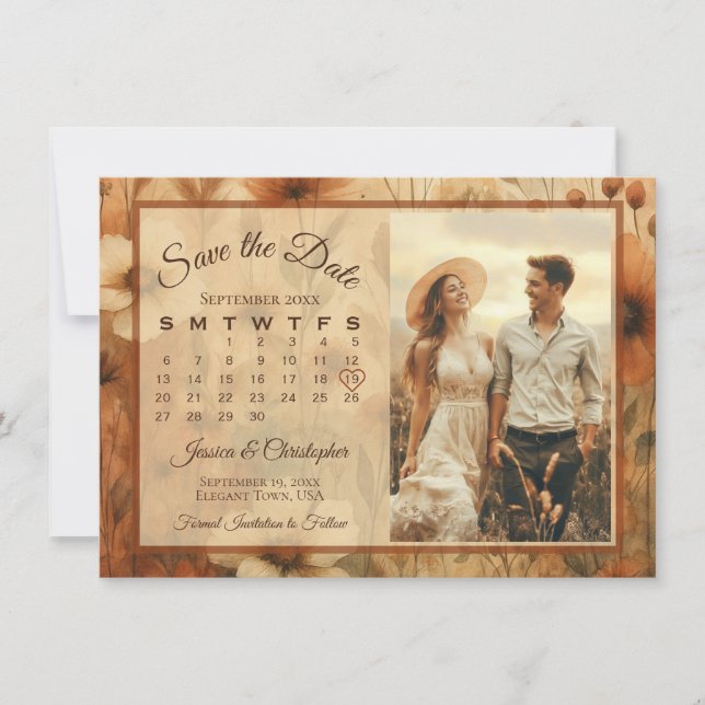Reserva La Fecha Sienna Boho Floral Medley Calendar & Photo Wedding (Anverso)