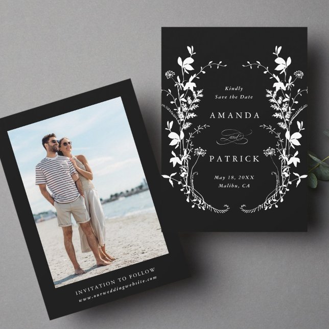 Reserva La Fecha Silhouette Wildflowers Wreath Boda Photo Black (Front & Back)