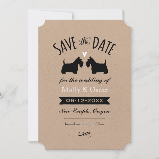 Reserva La Fecha Siluetas de Terrier Escocés para Boda Save the Dat (Anverso)