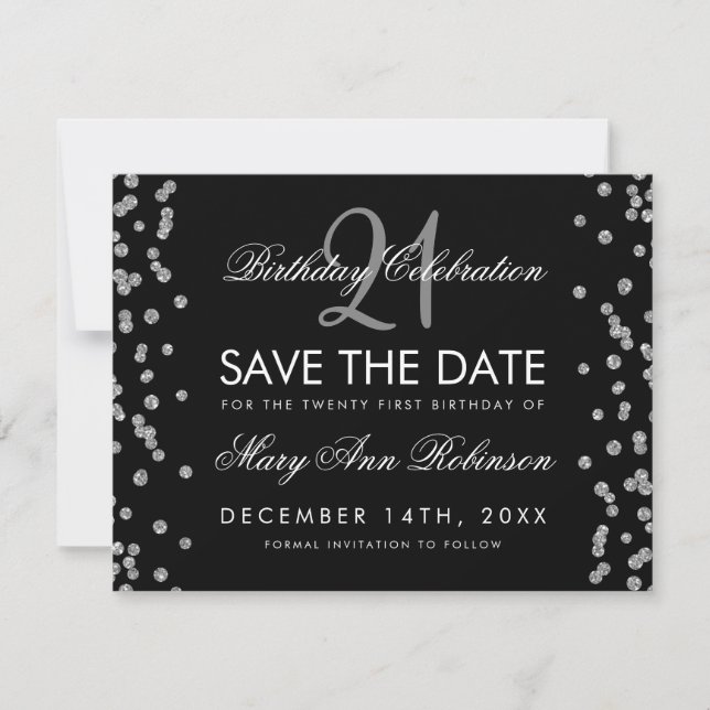 Reserva La Fecha Silver 21st Birthday Save the Date Confetti Black (Anverso)
