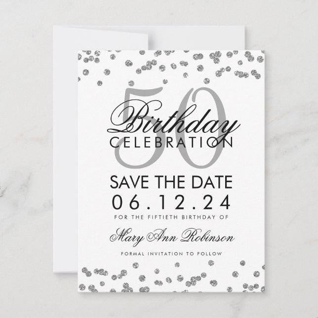 Reserva La Fecha Silver 50 cumpleaños fecha de reserva Confetti (Anverso)