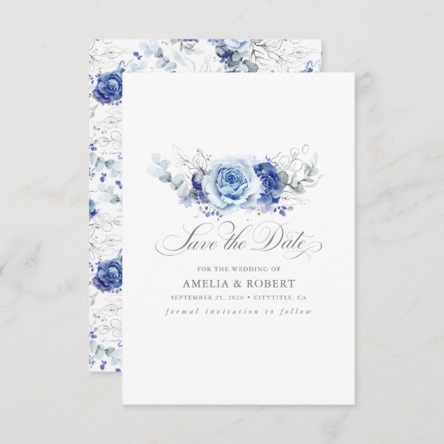 Reserva La Fecha Silver and Dusty Blue Floral Save the Date (Anverso / Reverso)