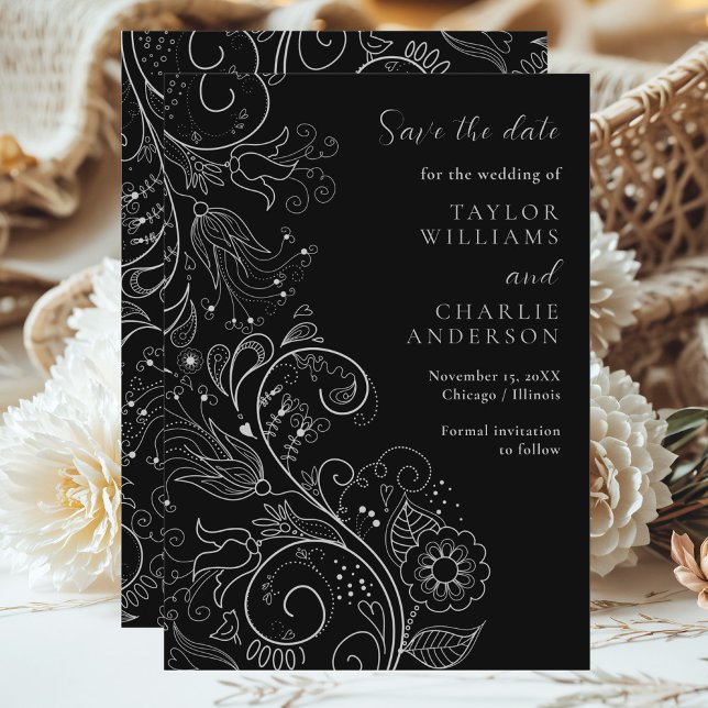 Reserva La Fecha Silver Black Elegant Floral Wedding Save The Date (Subido por el creador)