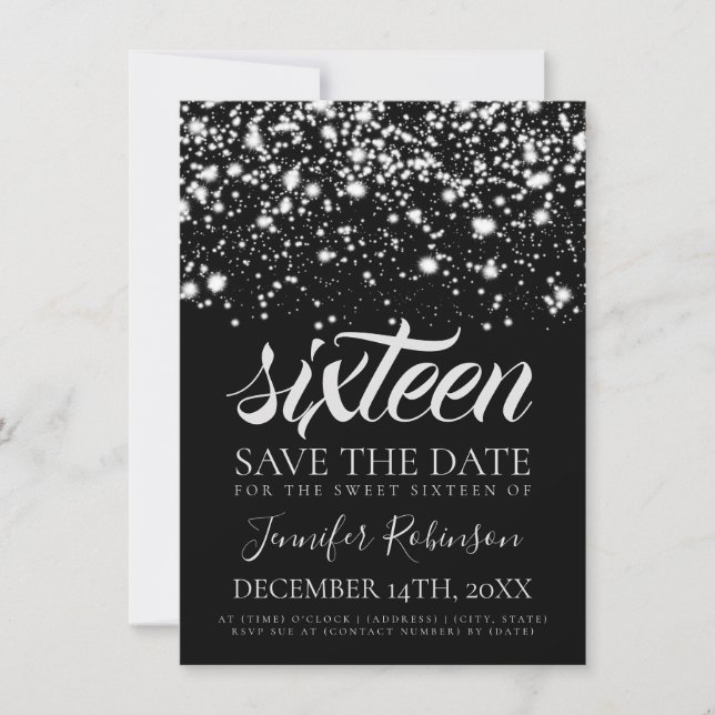 Reserva La Fecha Silver Midnight Glam Sweet 16 Birthday Party (Anverso)