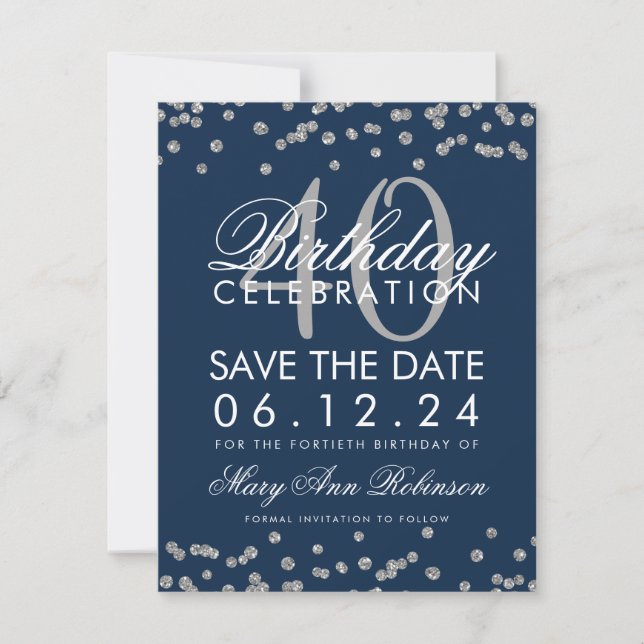 Reserva La Fecha Silver Navy Blue 40th Birthday Save Date Confetti (Anverso)