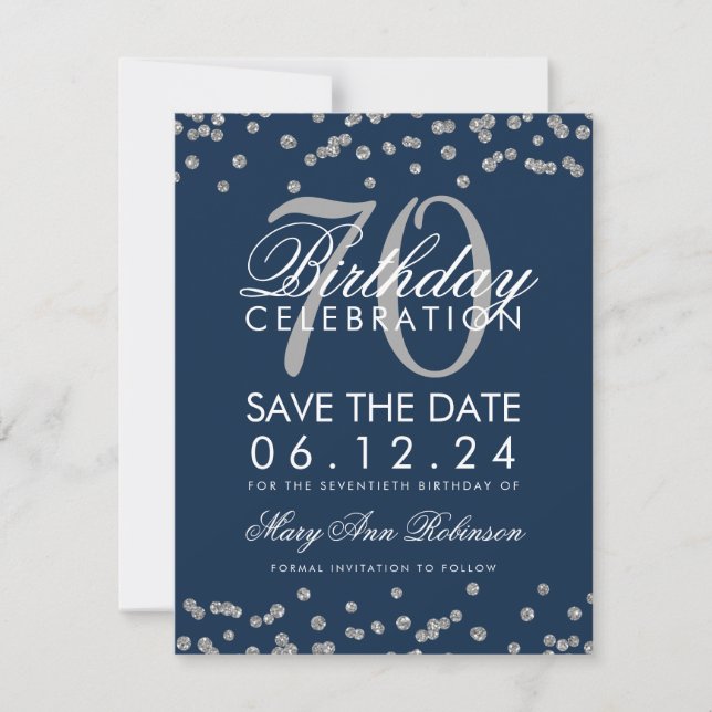 Reserva La Fecha Silver Navy Blue 70th Birthday Save Date Confetti (Anverso)