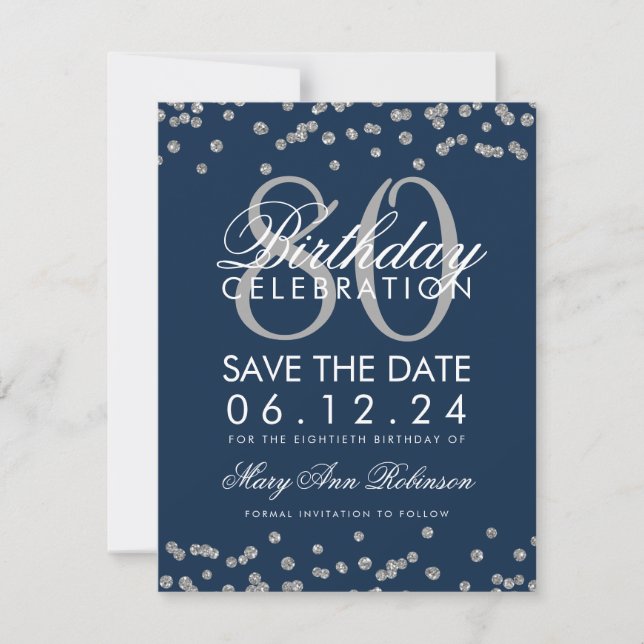 Reserva La Fecha Silver Navy Blue 80th Birthday Save Date Confetti (Anverso)