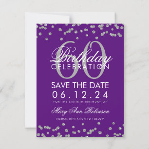 Reserva La Fecha Silver Purple 60th Cumpleaños Save Date Confetti