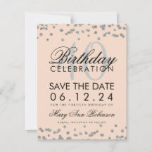 Silver Rubor Pink 40 Cumpleaños Save Date Confetti