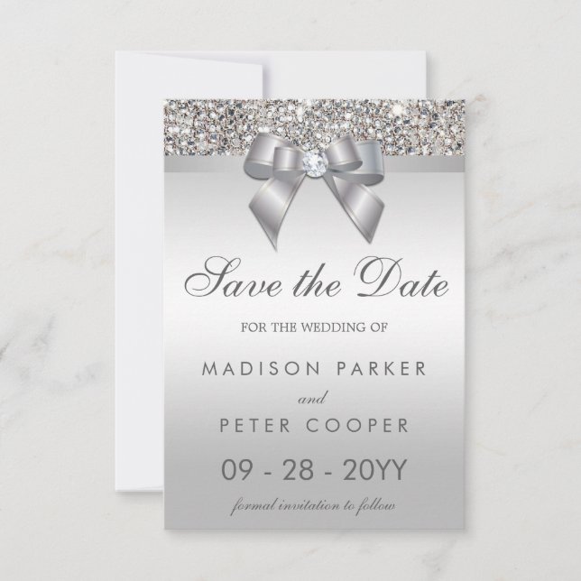 Reserva La Fecha Silver Sequins Diamond Bow Save The Date Boda (Anverso)