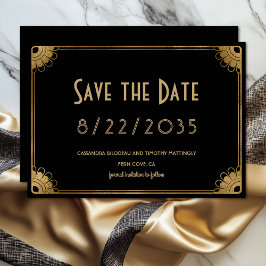 Reserva La Fecha Simple arte deco de boda en negro y dorado Save th