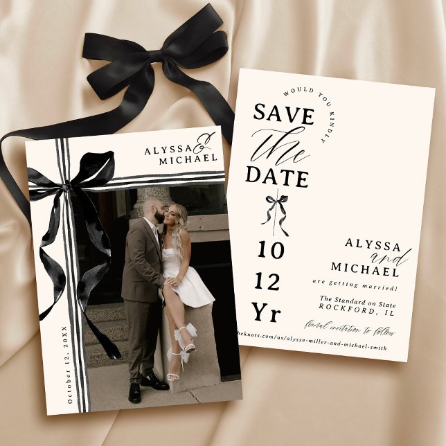 Reserva La Fecha Simple Black and Ivory Bow Elegant Photo Wedding (Elegant modern watercolor black and ivory coquette bow ribbon typography photo wedding save the date)