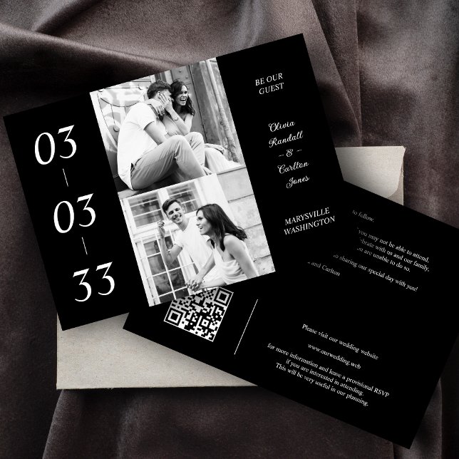 Reserva La Fecha Simple Black & White Ultra Modern 2 Photos Collage (Simple Black & White Ultra Modern 2 Photos Collage Wedding Save the Date Card with Envelope.)