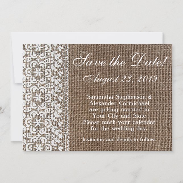 Reserva La Fecha Simple Burlap y Lace Save the Date (Anverso)