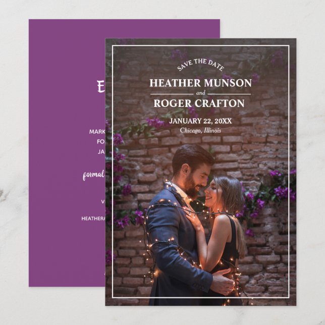 Reserva La Fecha Simple Compromiso Foto Púrpura Guardar La Fecha (Anverso / Reverso)