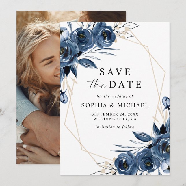 Reserva La Fecha Simple Elegant Blue Floral Script & Photo Wedding  (Anverso / Reverso)