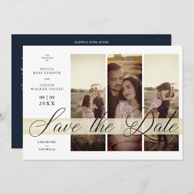 Reserva La Fecha Simple Elegant Script 3 Photos Couple in Navy (Anverso / Reverso)